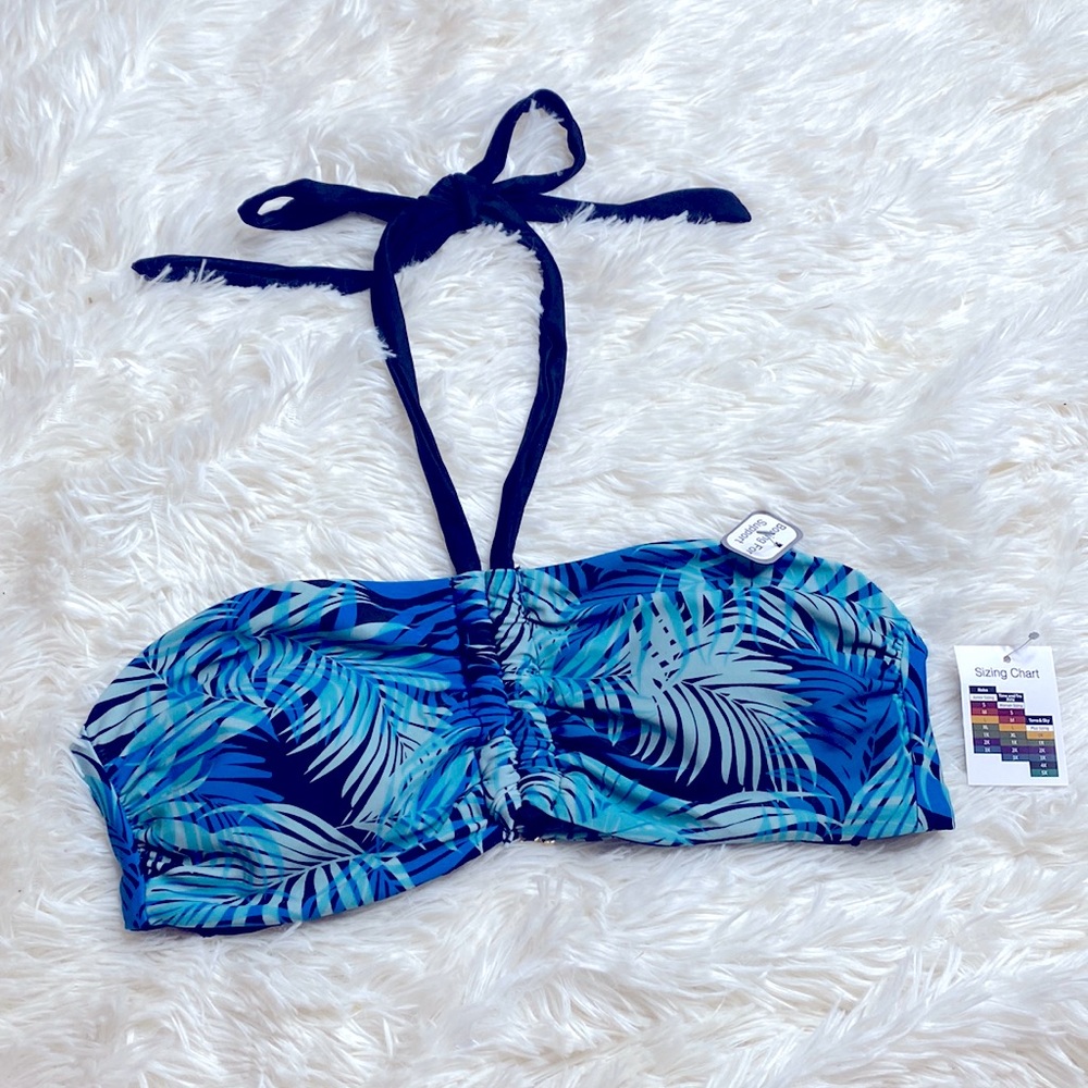 Time & Tru Blue & Black Palm Print Bathing Suit Bikini Swim Top Size Small